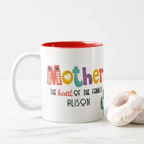 Mother Heart Of The Family Photo Colorful Floral Two_Tone Coffee Mug