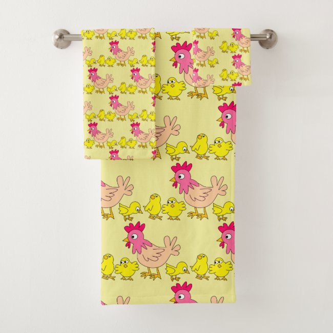 Mother Hen and Chicks Pattern Bath Towel Set