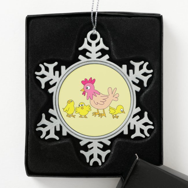 Mother Hen and Chicks Snowflake Pewter Ornament
