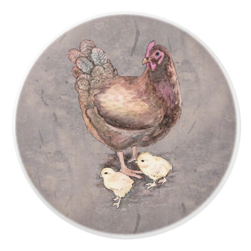 Mother Hen and Chicks Watercolor Ceramic Knob