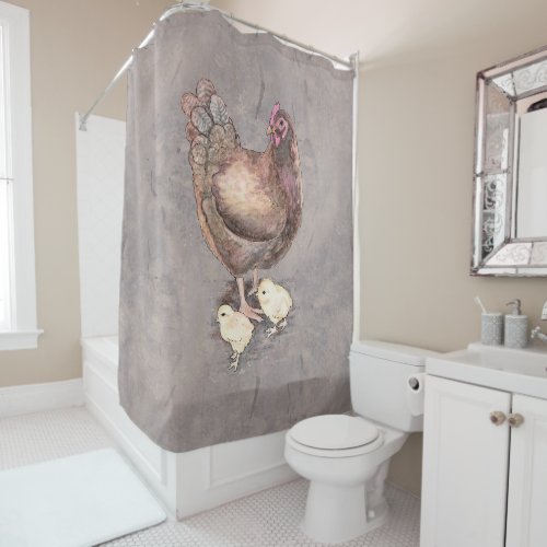Mother Hen and Chicks Watercolor Shower Curtain