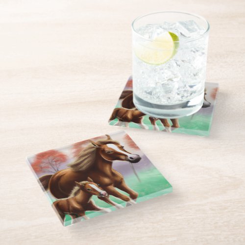 Mother Horse and Colt Galloping Through the Grass Glass Coaster