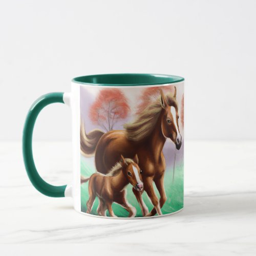 Mother Horse and Colt Galloping Through the Grass Mug