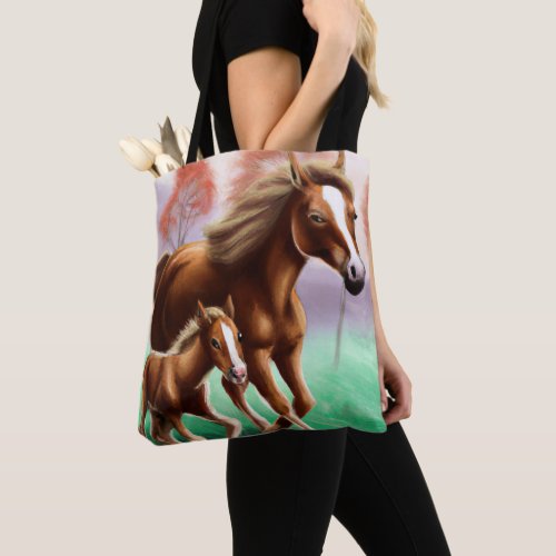 Mother Horse and Colt Galloping Through the Grass Tote Bag