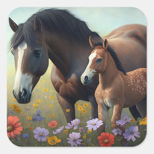 Mother Horse and Foal in a Field of Flowers  Square Sticker