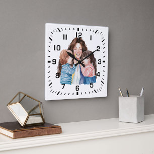 Mother Hugging Children Watercolor Art Square Wall Clock