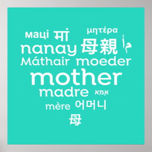 Mother in Different Languages Heart Word Cloud Poster