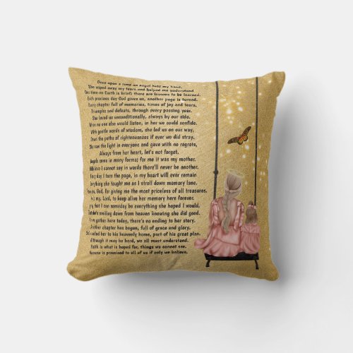 Mother in heaven sitting on swing poem photo gold throw pillow