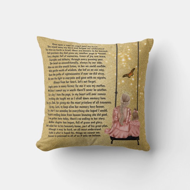 Mother in heaven sitting on swing poem photo gold throw pillow (Front)