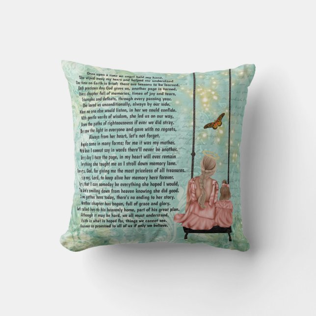 Mother in heaven sitting on swing poem photo throw pillow (Front)