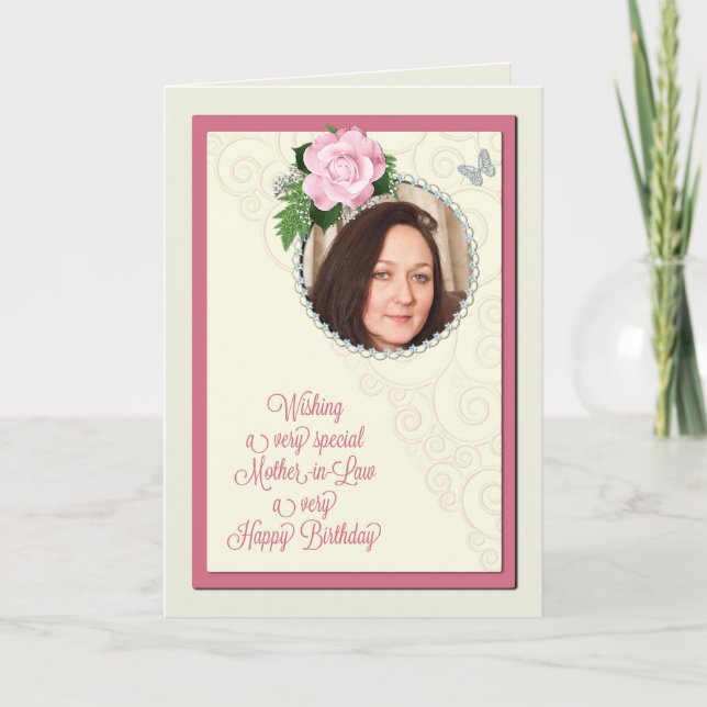 Mother-in-law, add a photo,birthday with a rose card (Front)