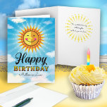 Mother in Law Birthday Yellow Orange Smiling Sun Card<br><div class="desc">Make your Mother-in-Law feel special on her birthday by sending her this cheerful smiling decorative Yellow and orange sun floating in the blue sky with clouds. Inside text says "The sun started shining just a little brighter on the day you were born."</div>