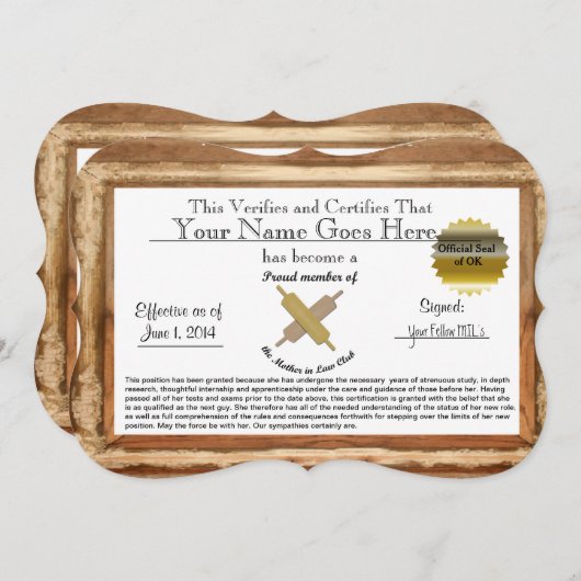 Mother in Law Certificate - humor (Front/Back)