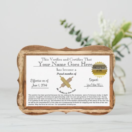 Mother in Law Certificate - humor (Standing Front)