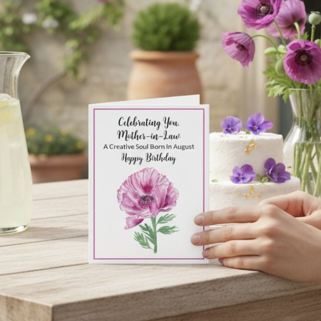 Mother in Law Happy August Birthday Purple Poppy Card (Creator Uploaded)