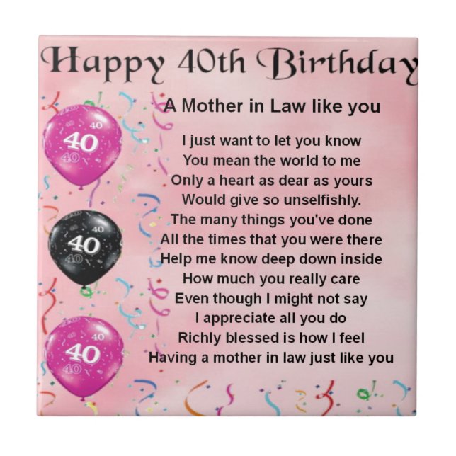 Mother in Law Poem - 40th Birthday Tile (Front)