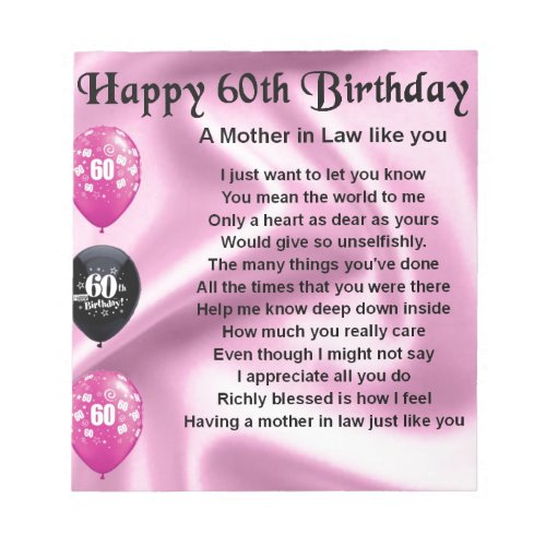 Mother in Law Poem _ 60th Birthday Notepad