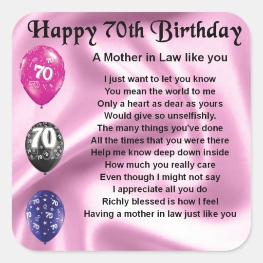 Mother in Law Poem 70th Birthday Square Sticker