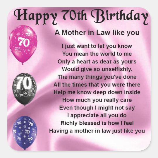 Mother in Law Poem 70th Birthday Square Sticker