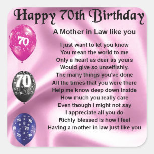 Mother in Law Poem - 70th Birthday Square Sticker