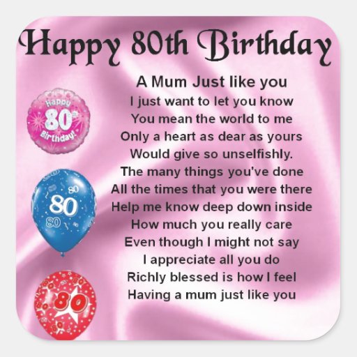 Mother in Law Poem - 80th Birthday Square Sticker | Zazzle