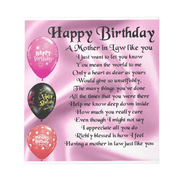 Mother In Law Birthday Poem Mother In Law Poem - Happy Birthday Notepad | Zazzle.com