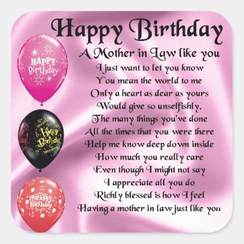 Mother in Law Poem  _  Happy Birthday Square Sticker