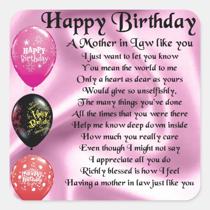 Mother In Law Birthday Poem Mother In Law Poem - Happy Birthday Square Sticker | Zazzle.com