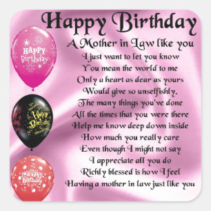 Mother in Law Poem  -  Happy Birthday Square Sticker