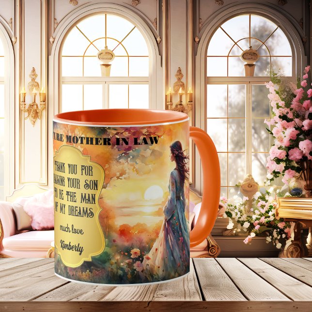 Mother-in-Law Thank You Wedding  Coffee Mug (Mother-in-law Thank You wedding mug featuring a retro watercolor painting with a lady at sunset)