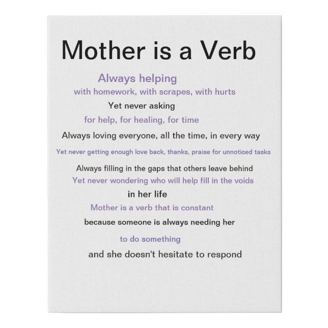 Mother is a verb poem faux canvas print (Front)