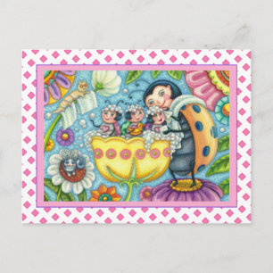 MOTHER LADYBUG & CHILDREN, TULIP TUB BUBBLE BATH HOLIDAY POSTCARD