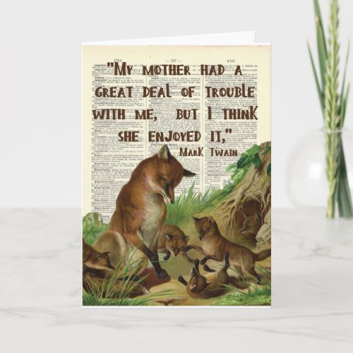 Mother Mark Twain Fox Art Antique Dictionary Pages Card