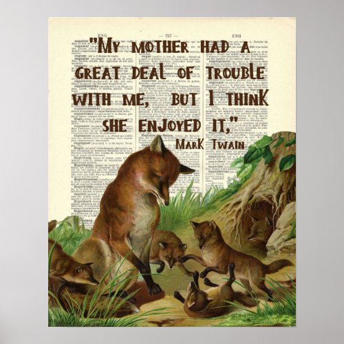 Mother Mark Twain Fox Art Antique Dictionary Pages Poster