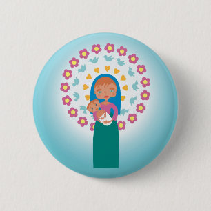 Mother Mary and Baby Jesus under blue sky Button