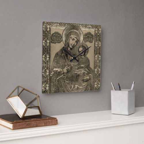 Mother Mary and Jesus Christ Child Silver Gold  Square Wall Clock