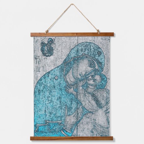Mother Mary Baby Jesus Angel Portrait Vintage Blue Hanging Tapestry
