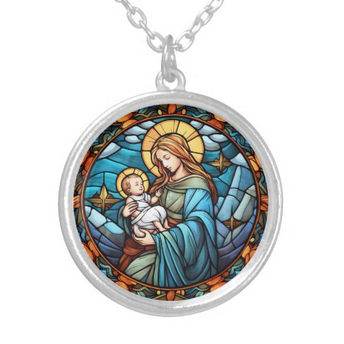 Mother Mary Baby Jesus Christian Stained Glass Silver Plated Necklace