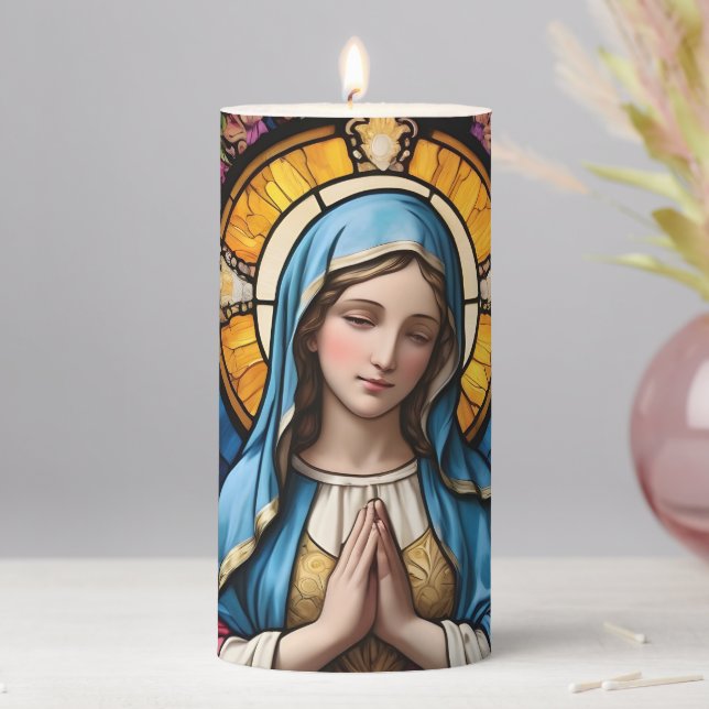 Mother Mary Colorful Stained Glass Virgin Madonna Pillar Candle (In Situ)