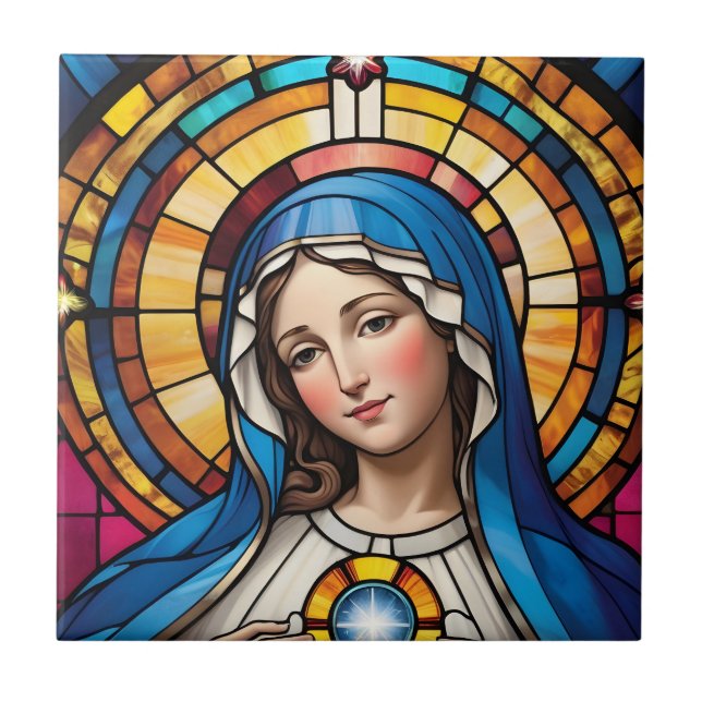 Mother Mary Colorful Stained Glass Virgin Mary Ceramic Tile (Front)