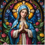 Mother Mary Colorful Stained Glass Virgin Mary Cutout<br><div class="desc">This is a graphic printed onto a flat 2D acrylic plastic sheet. For the statuette sculpture, the acrylic figurine is propped up on a little stand which is perfect for religious displays including nativity scenes at Christmas. // - // blue virgin mother mary, jesus christ stained glass, christmas shrine altar...</div>