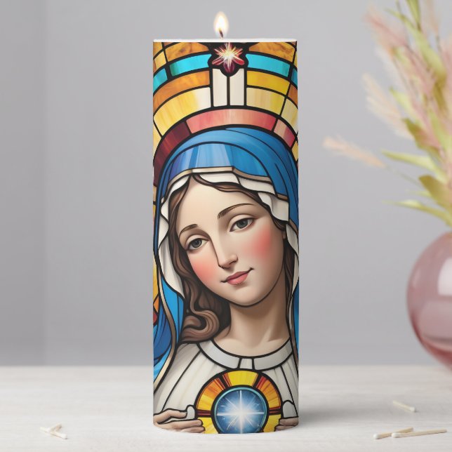 Mother Mary Colorful Stained Glass Virgin Mary Pillar Candle (In Situ)