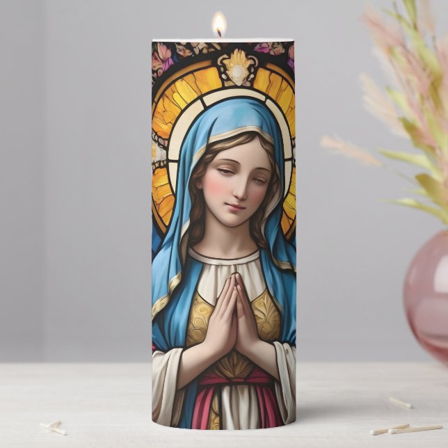 Mother Mary Colorful Stained Glass Virgin Mary Pillar Candle (In Situ)