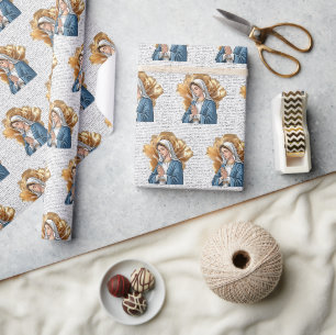 Mother Mary Gold Floral Halo Catholic Christian Wrapping Paper