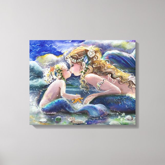 Mother Mermaid and child in Blue Canvas Print (Front)