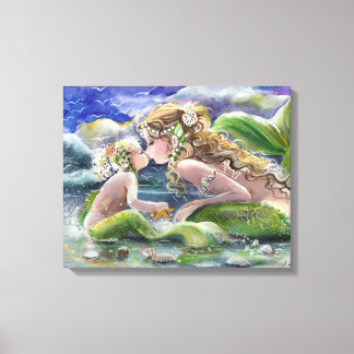 Mother Mermaid and child in Green Canvas Print