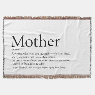 Mother Mom Definition Black and White Throw Blanke Throw Blanket