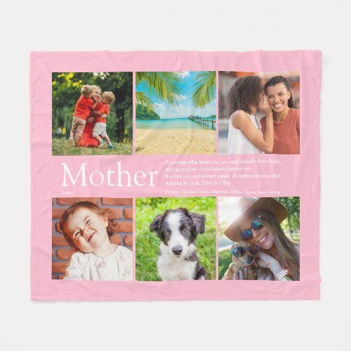 Mother Mom Definition Family Photo Collage Pink Fleece Blanket