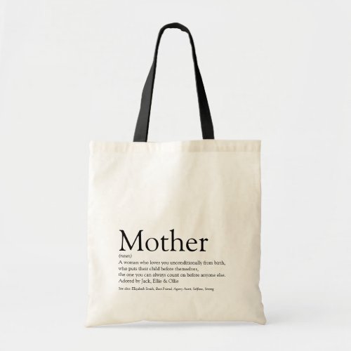 Mother Mom Definition Quote Black and White Tote Bag