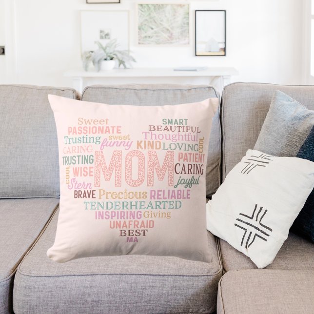 Mother mom heart word art pink peach throw pillow (Creator Uploaded)